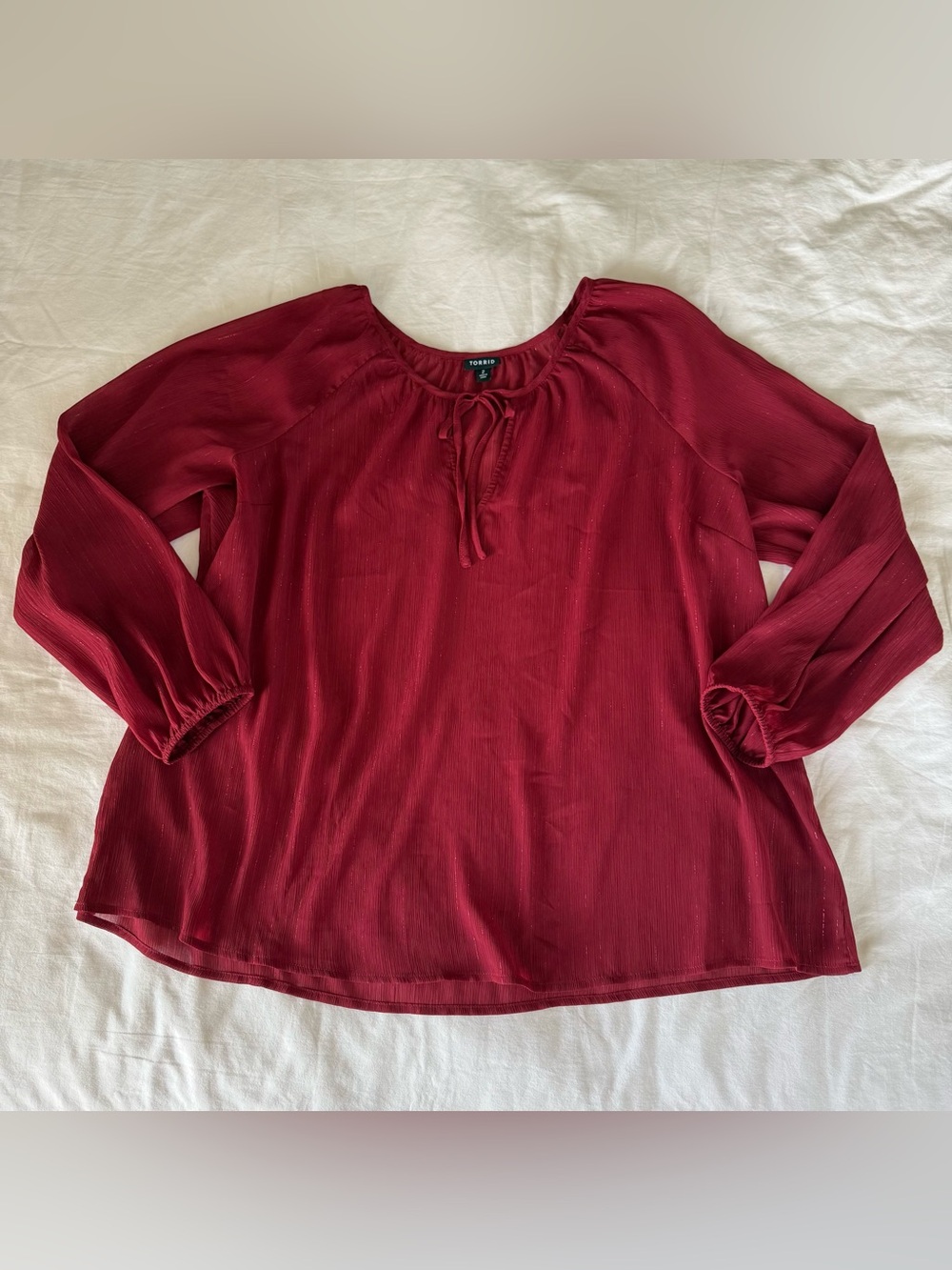 Torrid Burgundy Shimmer Peasant Blouse Long Sleeve Tie Neck Size 2X